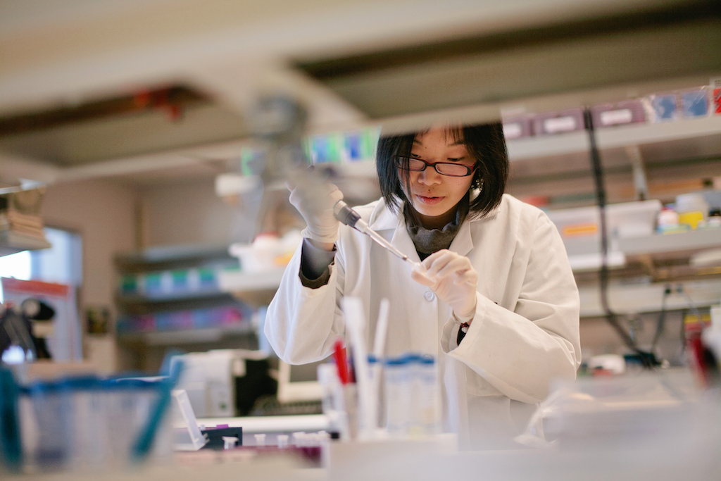 Researcher Pipetting at a Biomedical Laboratory